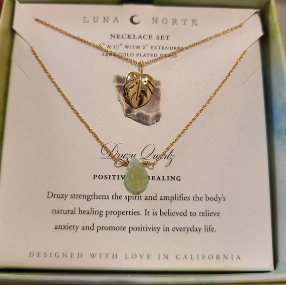 2 PC LUNA NORTE DRUSY QUARTZ GEMSTONE & GOLD PLATED LEAF CHARM NECKLACES - Picture 1 of 5